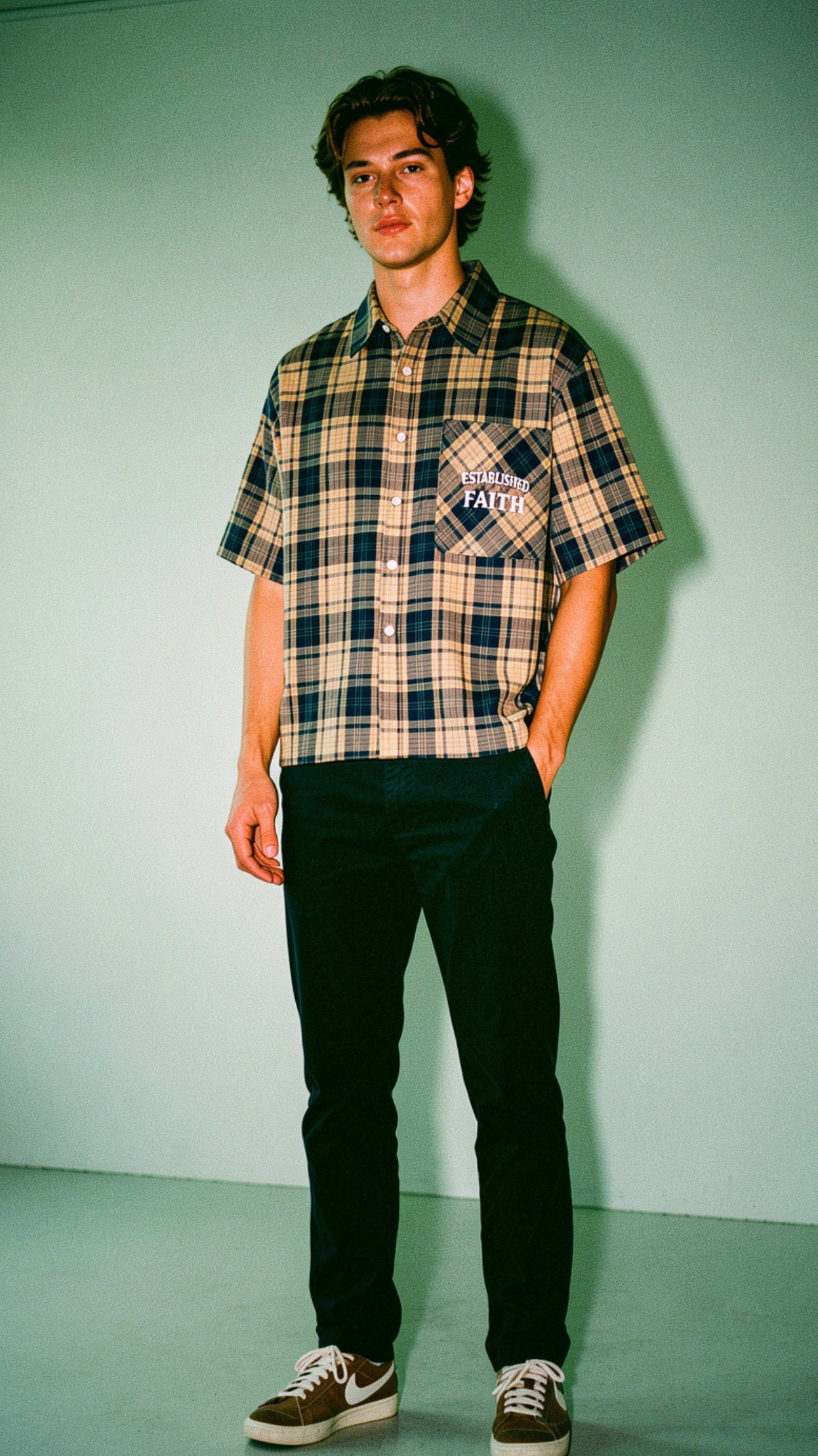 Model wearing Christian streetwear in urban setting