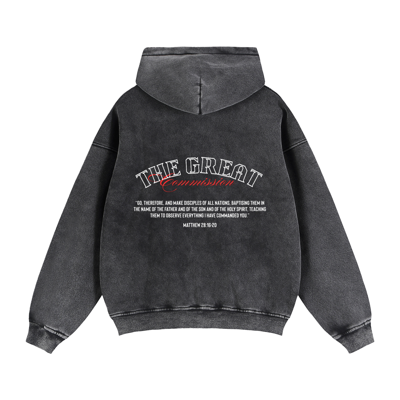 Young adult wearing oversized Christian hoodie outdoors