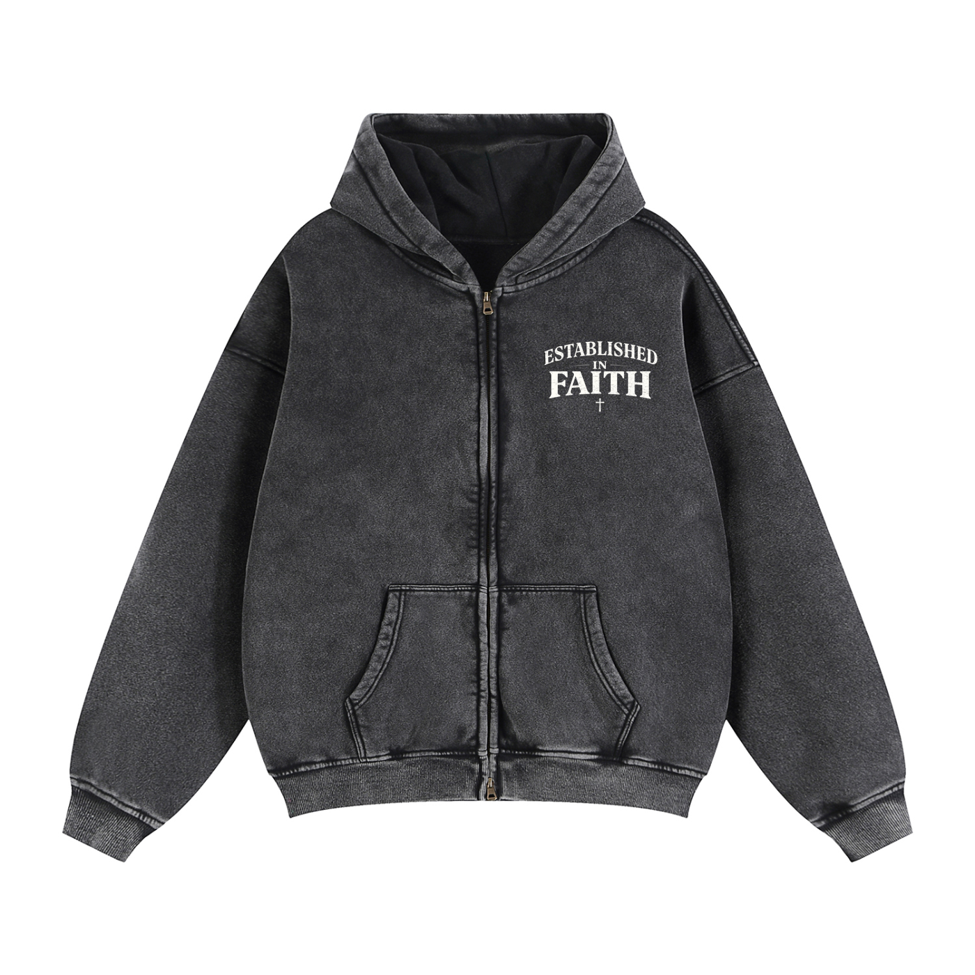 Young adult wearing oversized Christian hoodie outdoors